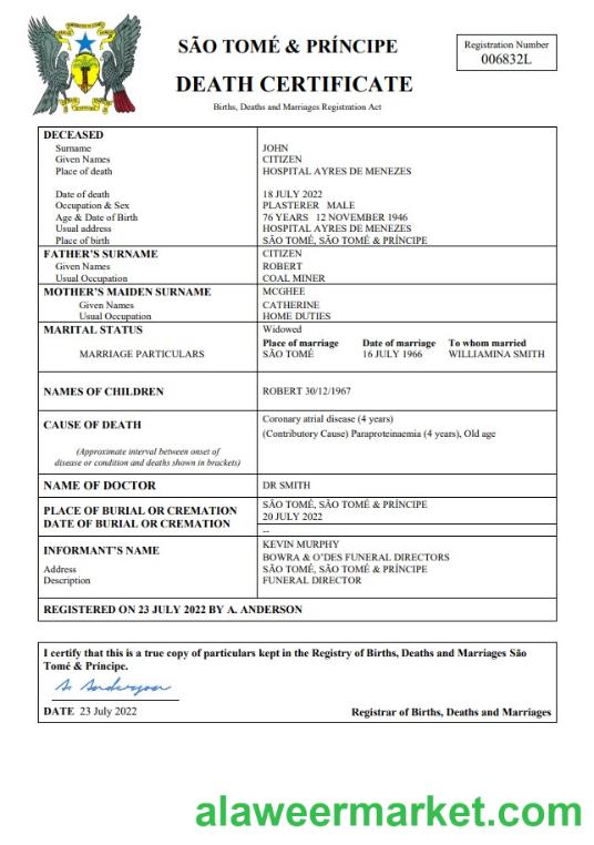 Sao Tome and Principe vital record death certificate Word and PDF template